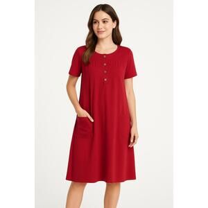 Misslook Red Short‎ Sleeves Lagenlook Patch Pockets Loose Fit Dress Medium